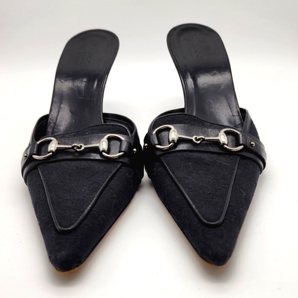Black Gucci Muel Mini Heels With Siver Buckle Accent size 7